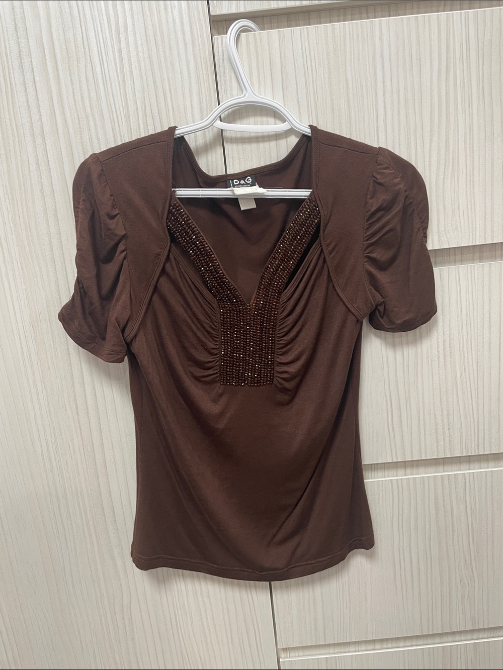 Dolce & Gabbana Brown Beaded V-Neck Short Sleeve Top